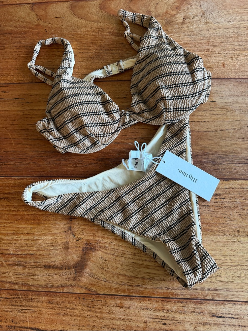 NWT Rhythm Tan and Black Striped Textured Bikini Set Australia / LG